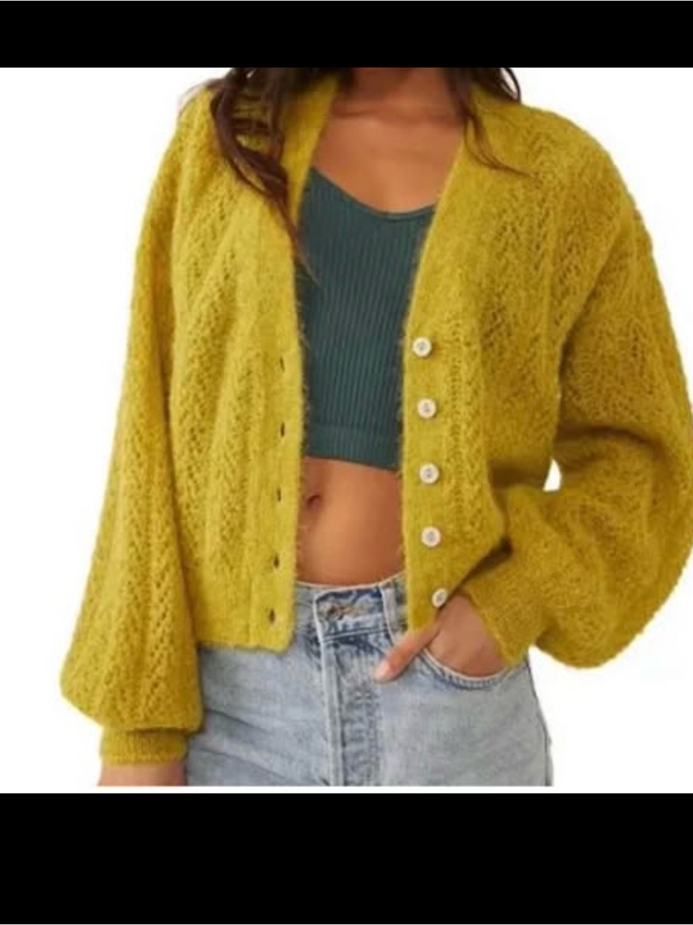 Free People Open-Knit Mustard Button-Up Cardigan